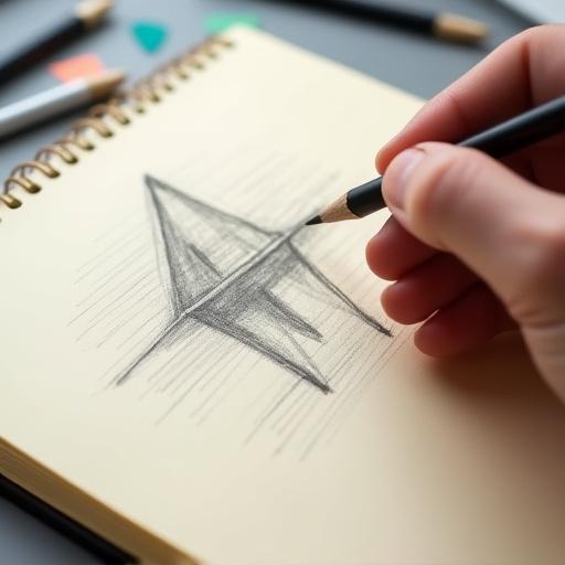 Schizzo a mano di un'installazione artistica su un quaderno.